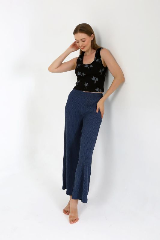 Moda Çizgi Kadın Kalın Askılı Body Bol Paça Pantolon 2`li Takım Siyah 4221 - 2