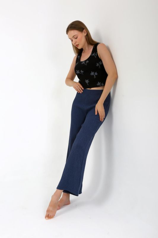 Moda Çizgi Kadın Kalın Askılı Body Bol Paça Pantolon 2`li Takım Siyah 4221 - 3