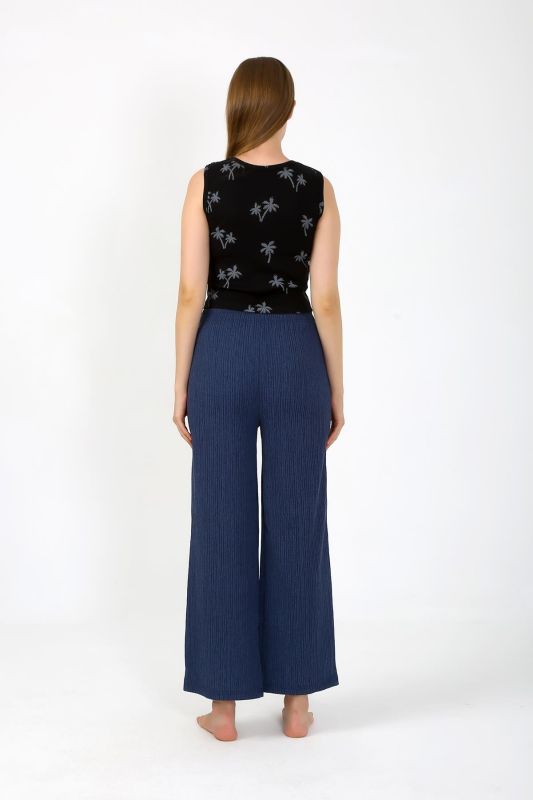 Moda Çizgi Kadın Kalın Askılı Body Bol Paça Pantolon 2`li Takım Siyah 4221 - 6