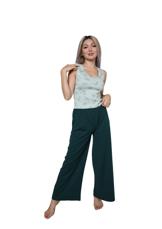 Moda Çizgi Kadın Kalın Askılı Body Bol Paça Pantolon 2`li Takım Su Yeşili 4218 - 1