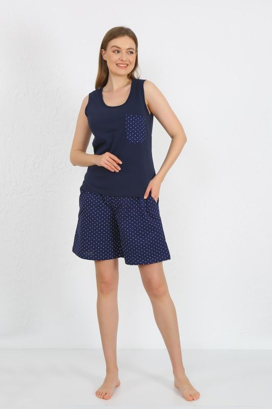 Moda Çizgi Kadın Kalın Askılı Cepli Şortlu Takım Lacivert 3617 - 3