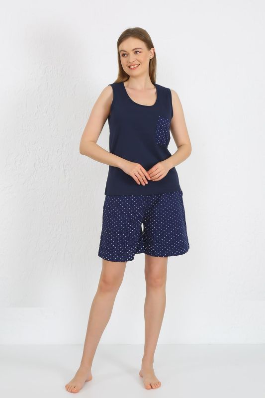 Moda Çizgi Kadın Kalın Askılı Cepli Şortlu Takım Lacivert 3617 - 5