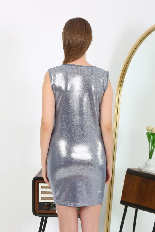 Moda Çizgi Kadın Kalın Askılı Kısa Parlak Micro  Ev Elbisesi Gecelik 7417 Gri - 5