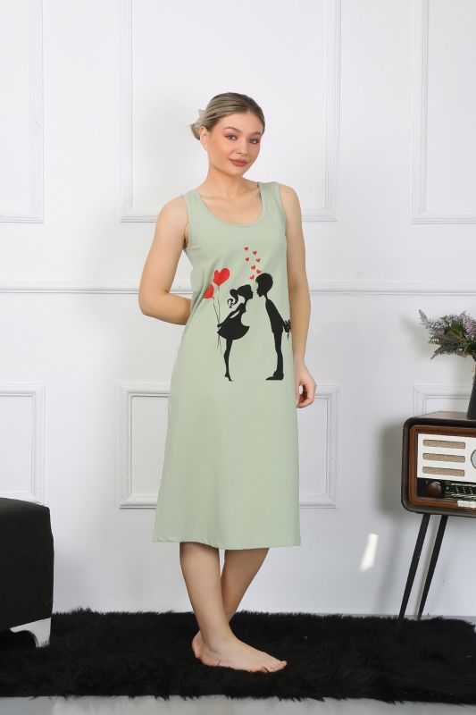 Moda Çizgi Kadın Kalın Askılı Penye Uzun Fıstık Yeşili Gecelik 12001 - 5