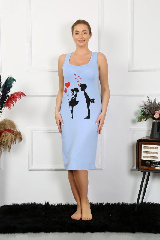 Moda Çizgi Kadın Kalın Askılı Penye Uzun Mavi Gecelik 12001 - 5