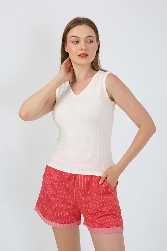 Moda Çizgi Kadın Kalın Askılı Şortlu Pijama Takım Ekru 3632 - 1
