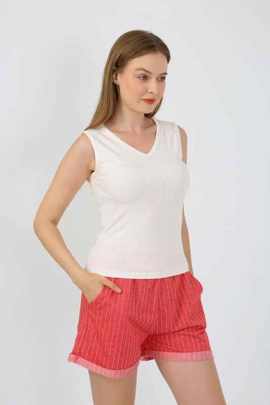 Moda Çizgi Kadın Kalın Askılı Şortlu Pijama Takım Ekru 3632 - 4