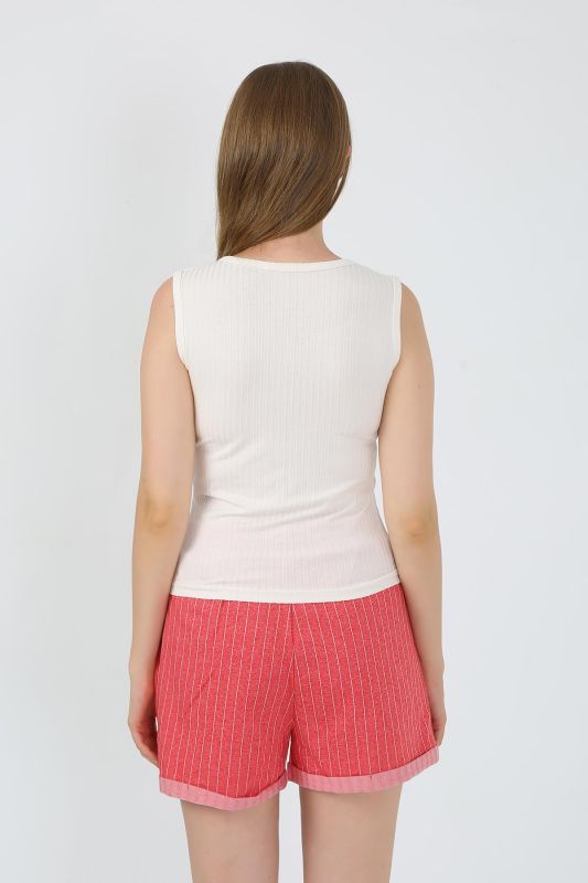 Moda Çizgi Kadın Kalın Askılı Şortlu Pijama Takım Ekru 3632 - 5