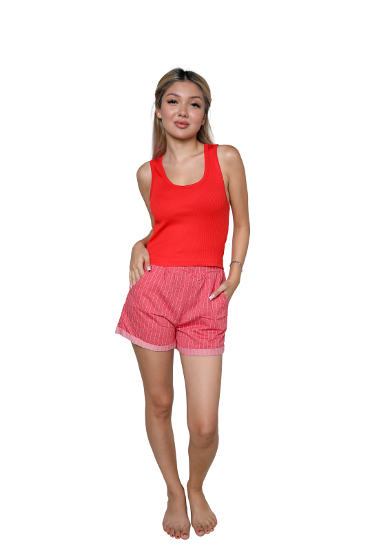 Moda Çizgi Kadın Kalın Askılı Şortlu Pijama Takım Kırmızı 3628 - 1