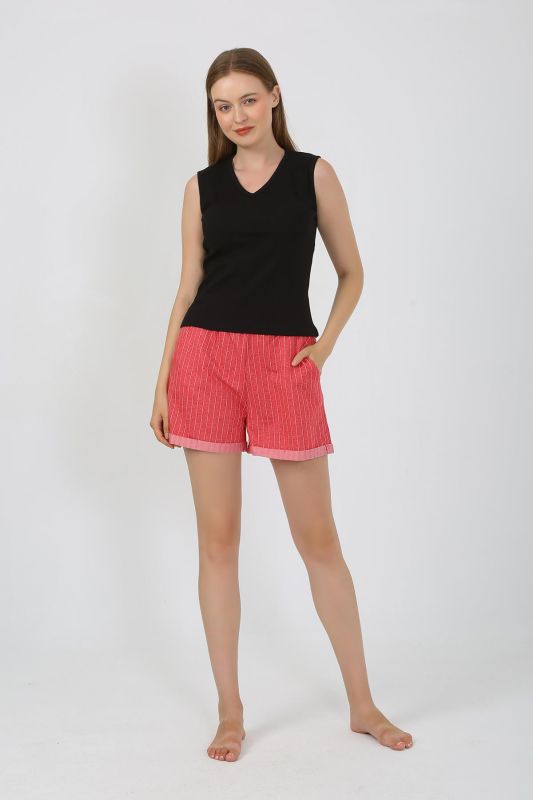 Moda Çizgi Kadın Kalın Askılı Şortlu Pijama Takım Siyah 3632 - 1