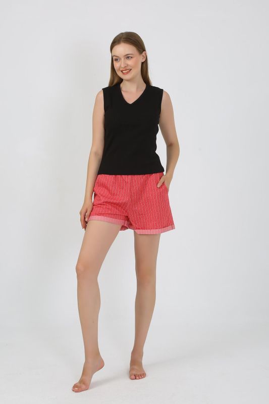 Moda Çizgi Kadın Kalın Askılı Şortlu Pijama Takım Siyah 3632 - 2