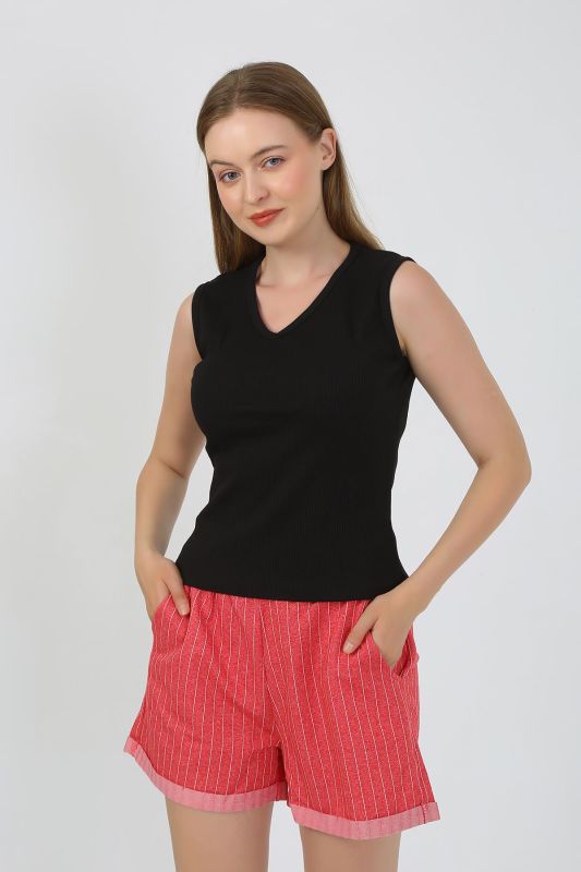 Moda Çizgi Kadın Kalın Askılı Şortlu Pijama Takım Siyah 3632 - 3