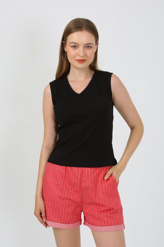 Moda Çizgi Kadın Kalın Askılı Şortlu Pijama Takım Siyah 3632 - 4