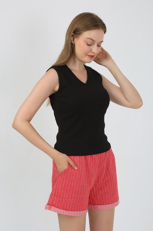 Moda Çizgi Kadın Kalın Askılı Şortlu Pijama Takım Siyah 3632 - 5