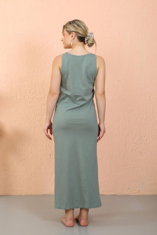 Moda Çizgi Kadın Kalın Askılı Yırtmaçlı Uzun Mint Yeşili Gecelik 90110 - 5