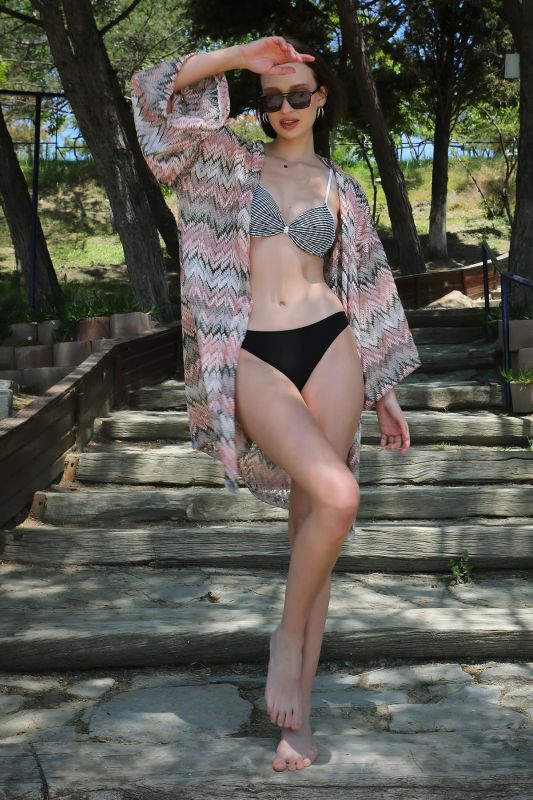 Moda Çizgi Kadın Kimono Pareo Plaj Elbisesi Sütlü Kahve 38040 - 4