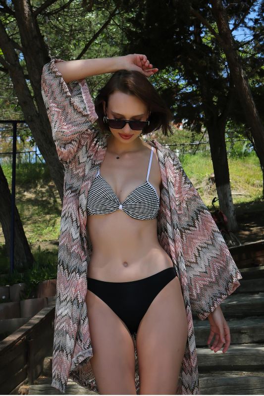 Moda Çizgi Kadın Kimono Pareo Plaj Elbisesi Sütlü Kahve 38040 - 7