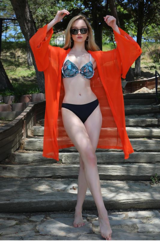 Moda Çizgi Kadın Kimono Pareo Plaj Elbisesi Turuncu 38040 - 1