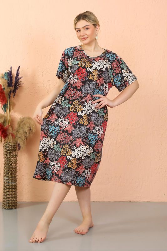 Moda Çizgi Kadın Kısa Kol Diz Altı Over Size Ev Elbisesi - Geceliği 93412 - 1