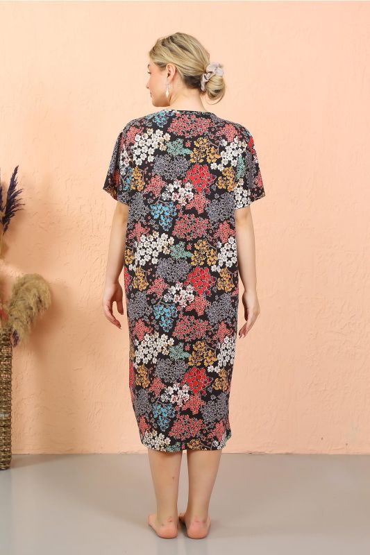 Moda Çizgi Kadın Kısa Kol Diz Altı Over Size Ev Elbisesi - Geceliği 93412 - 5