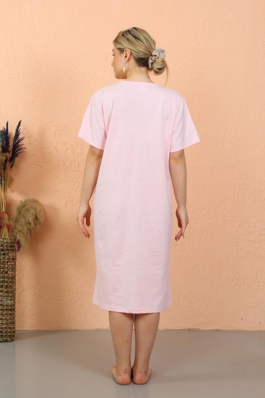 Moda Çizgi Kadın Kısa Kol Diz Altı Over Size Pembe Ev Elbisesi - Geceliği 93410 - 6