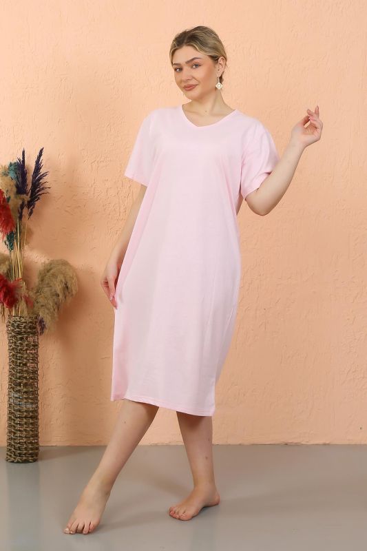 Moda Çizgi Kadın Kısa Kol Diz Altı Over Size Pembe Ev Elbisesi - Geceliği 93410 - 7