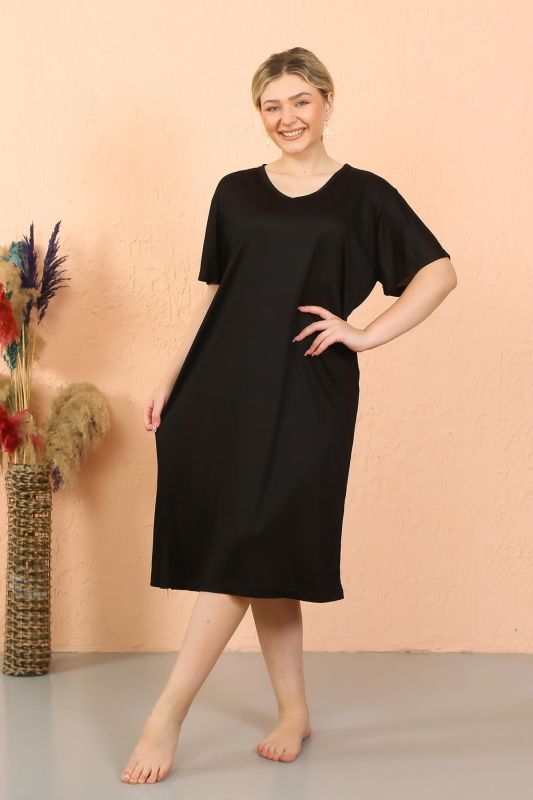 Moda Çizgi Kadın Kısa Kol Diz Altı Over Size Siyah Ev Elbisesi - Geceliği 93410 - 3
