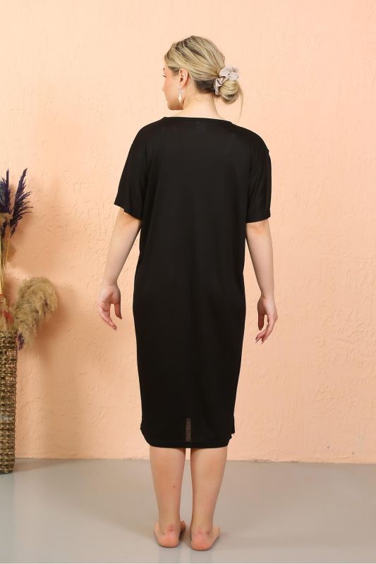 Moda Çizgi Kadın Kısa Kol Diz Altı Over Size Siyah Ev Elbisesi - Geceliği 93410 - 6