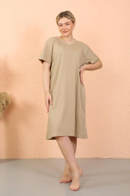 Moda Çizgi Kadın Kısa Kol Diz Altı Over Size Vizon Ev Elbisesi - Geceliği 93410 - 2