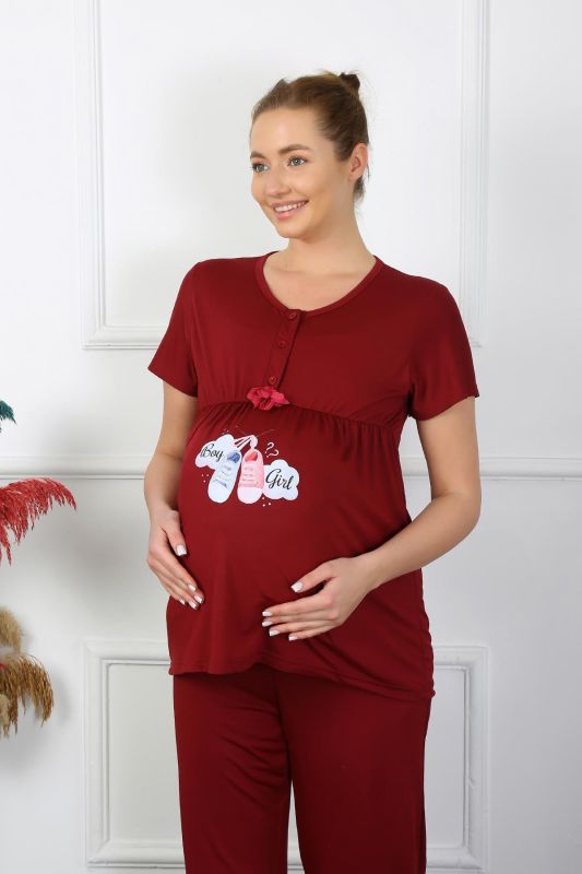 Moda Çizgi Kadın Kısa Kol Hamile Lohusa Pijama Takımı Bordo 45210 - 1