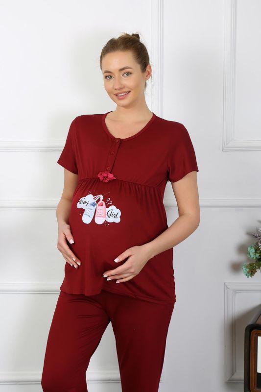 Moda Çizgi Kadın Kısa Kol Hamile Lohusa Pijama Takımı Bordo 45210 - 2