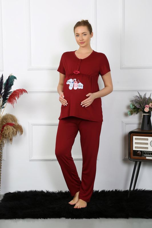 Moda Çizgi Kadın Kısa Kol Hamile Lohusa Pijama Takımı Bordo 45210 - 3