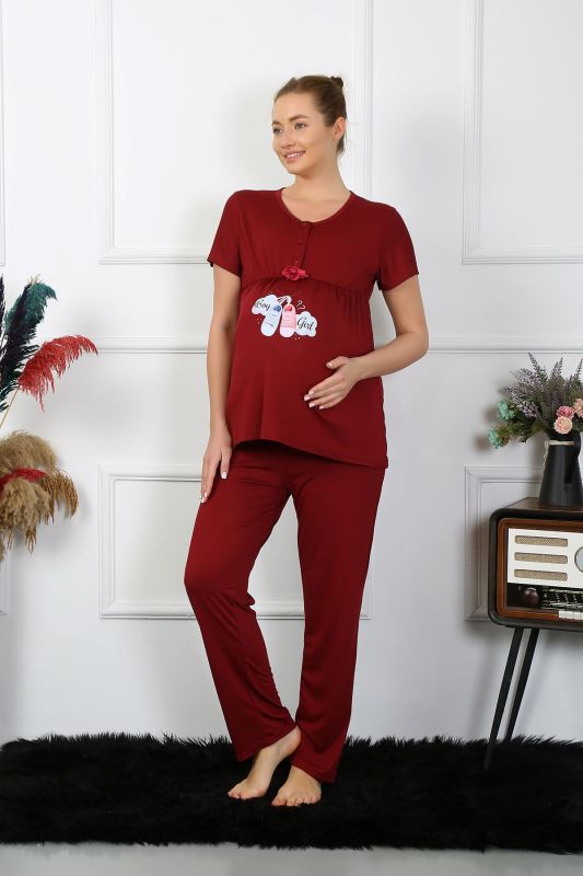 Moda Çizgi Kadın Kısa Kol Hamile Lohusa Pijama Takımı Bordo 45210 - 4