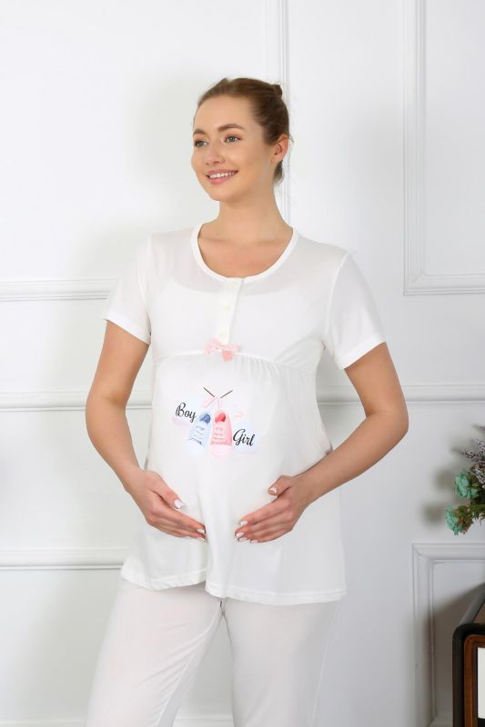 Moda Çizgi Kadın Kısa Kol Hamile Lohusa Pijama Takımı Ekru 45210 - 1