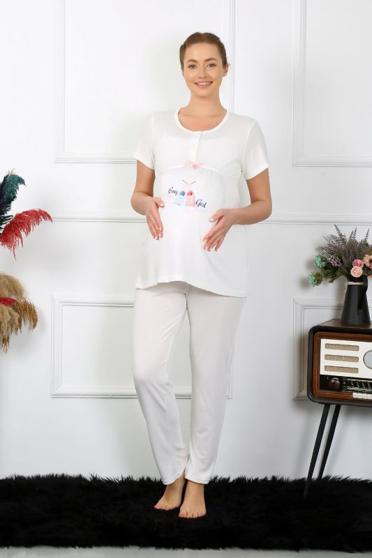 Moda Çizgi Kadın Kısa Kol Hamile Lohusa Pijama Takımı Ekru 45210 - 2