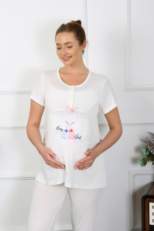 Moda Çizgi Kadın Kısa Kol Hamile Lohusa Pijama Takımı Ekru 45210 - 4
