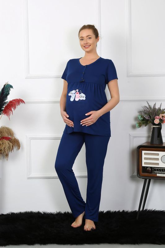 Moda Çizgi Kadın Kısa Kol Hamile Lohusa Pijama Takımı Lacivert 45210 - 1