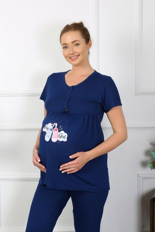 Moda Çizgi Kadın Kısa Kol Hamile Lohusa Pijama Takımı Lacivert 45210 - 2