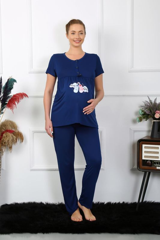 Moda Çizgi Kadın Kısa Kol Hamile Lohusa Pijama Takımı Lacivert 45210 - 3