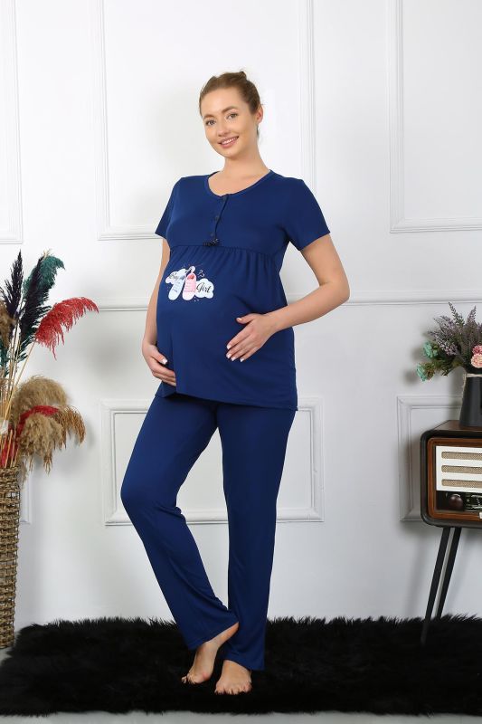 Moda Çizgi Kadın Kısa Kol Hamile Lohusa Pijama Takımı Lacivert 45210 - 4
