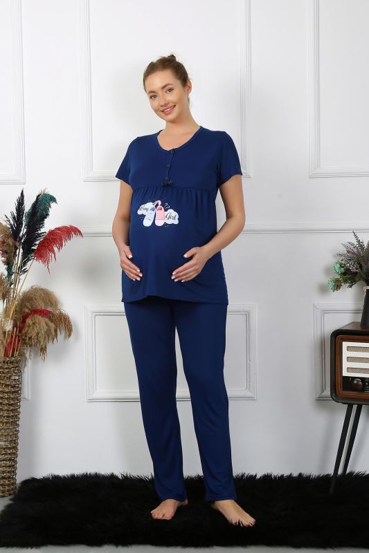 Moda Çizgi Kadın Kısa Kol Hamile Lohusa Pijama Takımı Lacivert 45210 - 6