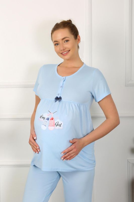 Moda Çizgi Kadın Kısa Kol Hamile Lohusa Pijama Takımı Mavi 45210 - 1