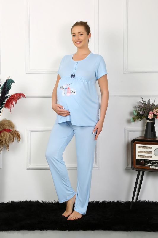 Moda Çizgi Kadın Kısa Kol Hamile Lohusa Pijama Takımı Mavi 45210 - 2