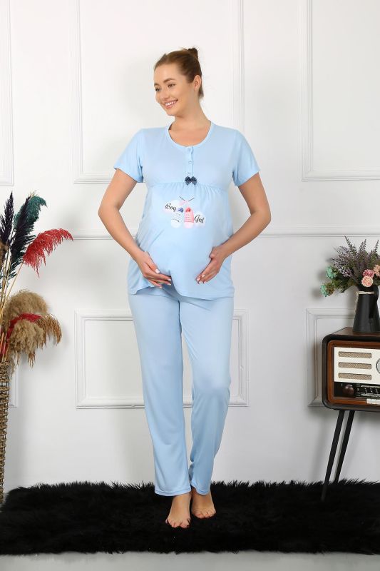 Moda Çizgi Kadın Kısa Kol Hamile Lohusa Pijama Takımı Mavi 45210 - 3