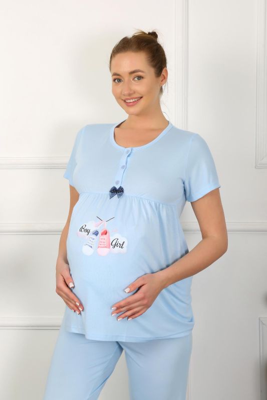 Moda Çizgi Kadın Kısa Kol Hamile Lohusa Pijama Takımı Mavi 45210 - 4