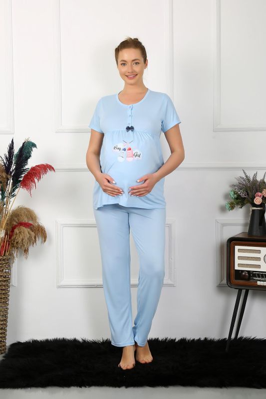 Moda Çizgi Kadın Kısa Kol Hamile Lohusa Pijama Takımı Mavi 45210 - 5