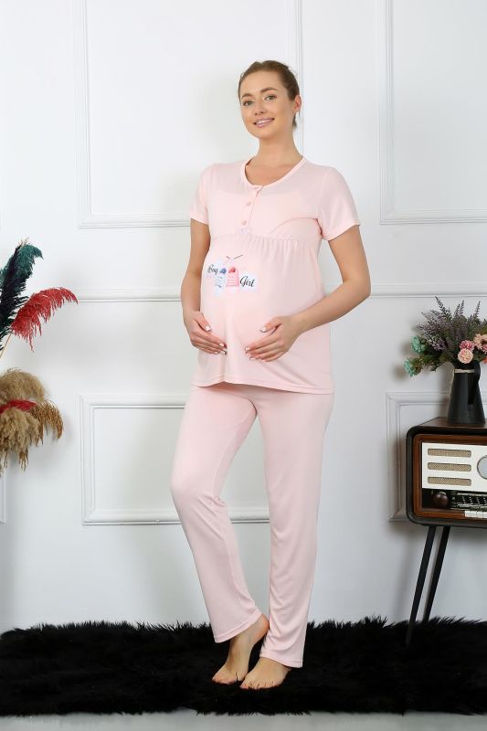 Moda Çizgi Kadın Kısa Kol Hamile Lohusa Pijama Takımı Pudra 45210 - 1