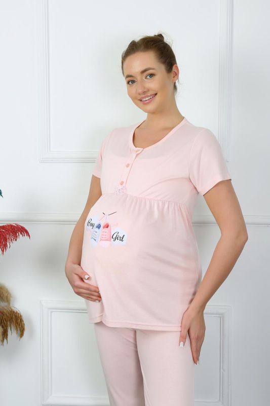 Moda Çizgi Kadın Kısa Kol Hamile Lohusa Pijama Takımı Pudra 45210 - 2