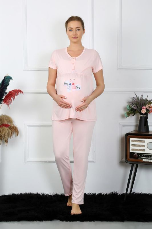 Moda Çizgi Kadın Kısa Kol Hamile Lohusa Pijama Takımı Pudra 45210 - 3