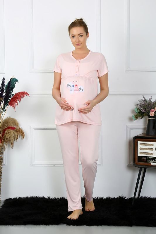 Moda Çizgi Kadın Kısa Kol Hamile Lohusa Pijama Takımı Pudra 45210 - 4